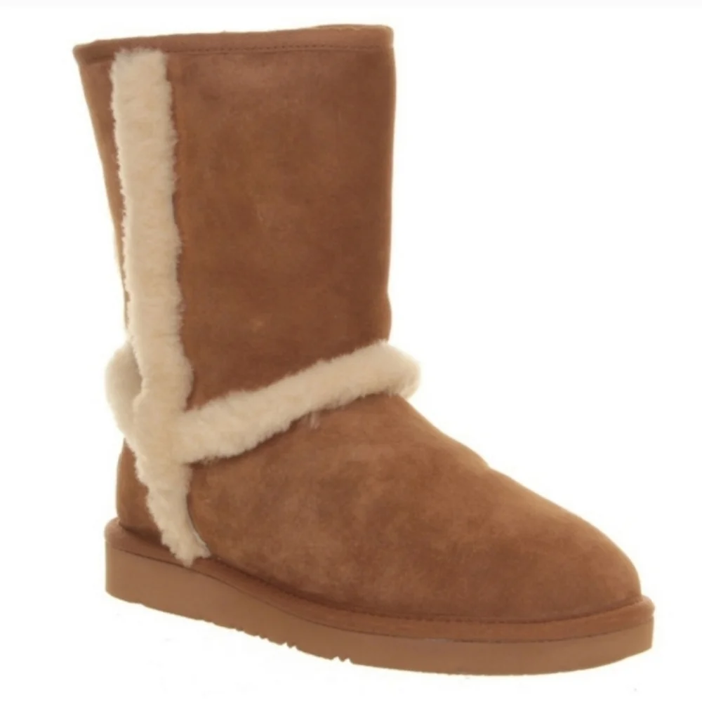 UGG Carter Chestnut Suede Boots Exposed Sheepskin Trim Size 6